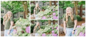 Senior girl laughing during outdoor graduation session with flowers