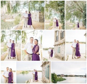 Engaged couple underneath the trees at Adriatica Village in McKinney