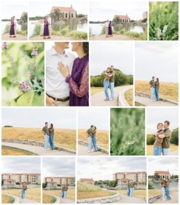 Engaged couple with the chapel and waterfront in the background 