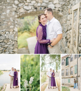 Couple smiling by the water during their Adriatica Village engagement session in McKinney, Texas